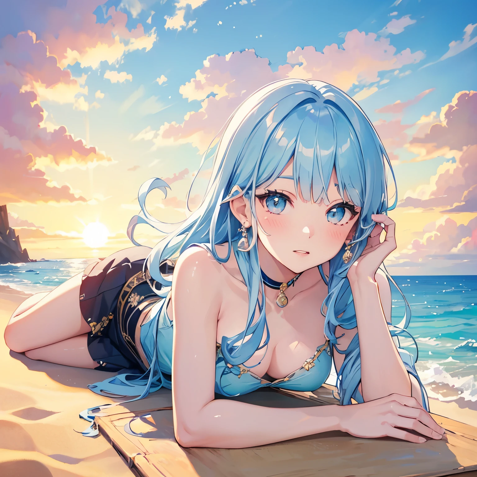Lying on sand, Kamisato Ayaka, tighs, elegent, light blue hair, long hair, sunset, ocean, blush, detailed face, detailed eyes, beautiful face, g cup chest, transparent skirt, elegent