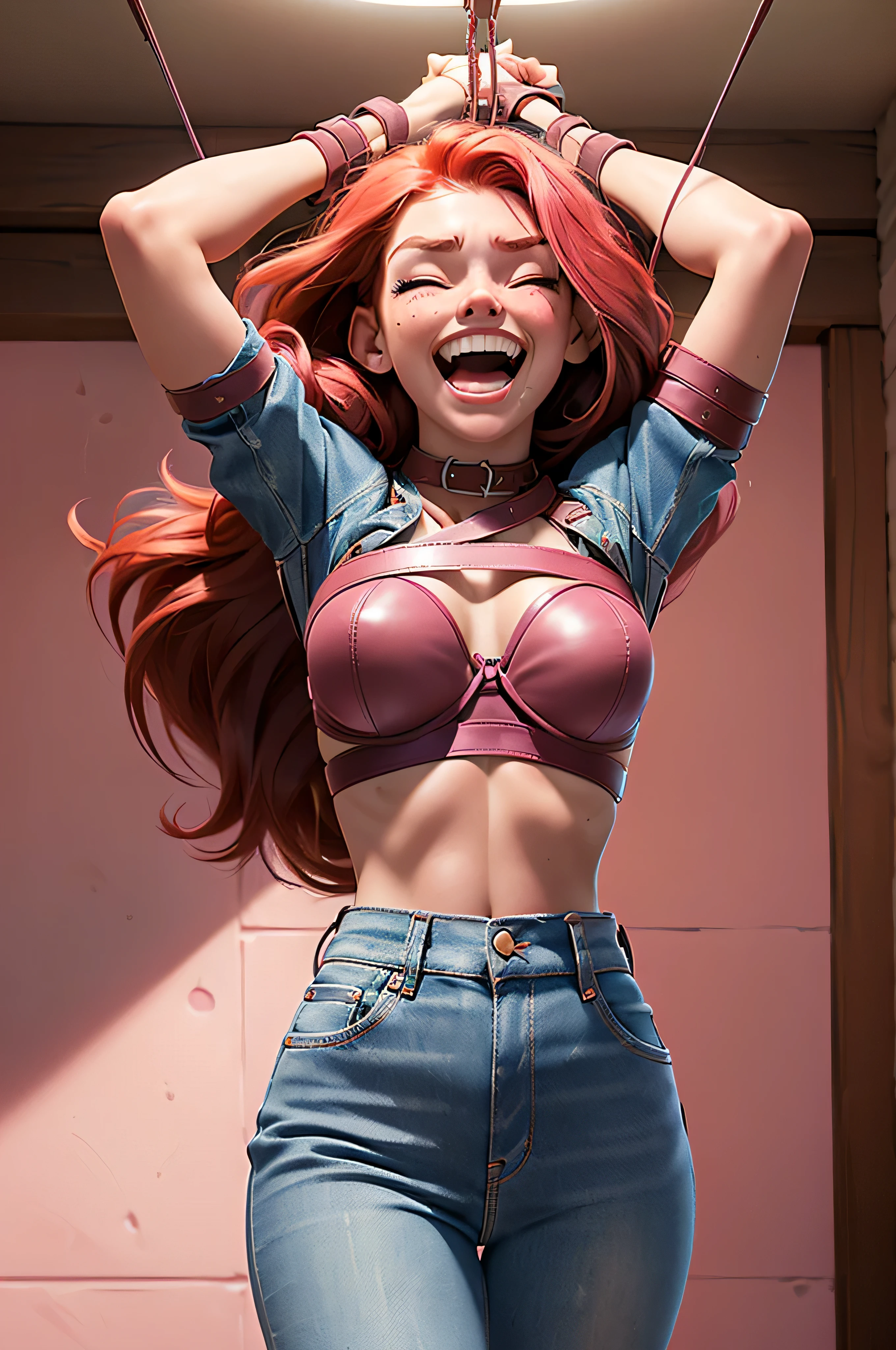 (wearing jeans and a pink bra), American teenager, long red hair, freckles, ((wrists tied up with leather restraints to the ceiling so her arms stretch over her head, heavy bondage)), ((screaming with laughter, so happy that her face hurts, eyes closed, tiny breasts)), (((tickle fight))), (background is the interior of a sorority house)