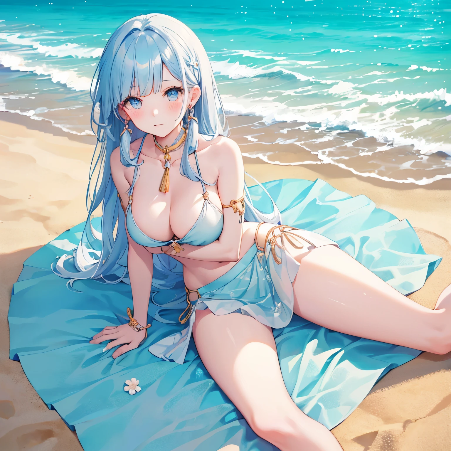 Lying on sand, Kamisato Ayaka, tighs, elegent, light blue hair, long hair, sunset, ocean, blush, detailed face, detailed eyes, beautiful face, g cup chest, transparent skirt, elegent