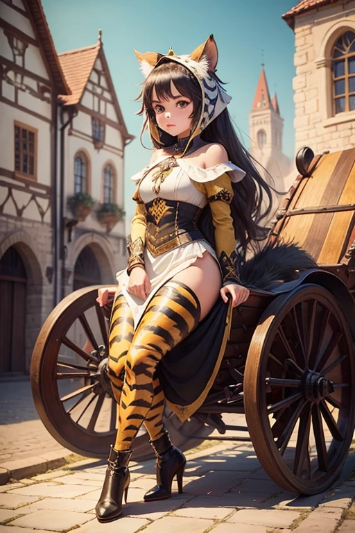 cute girl tigerman long tail In front of a medieval carriage