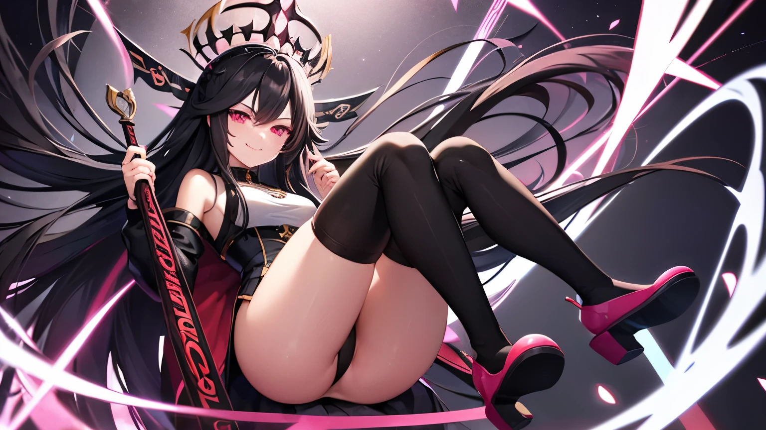 black hair pink eyes villain smile thighs uniform throne long hair