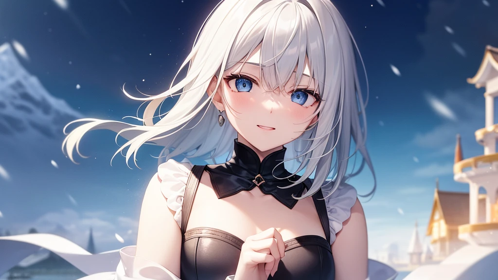 super high quality, with a girl, 20-year-old, very short hair, long bangs between the eyes, pale blue eyes , very detailed,(masterpiece、highest quality)、alone、gray hair、laughter、White skin as clear as snow、fantasy, silver hair, black eye, beautiful eyes,, ecstasy, charm, be smitten with audience, fantasyな風景、evening