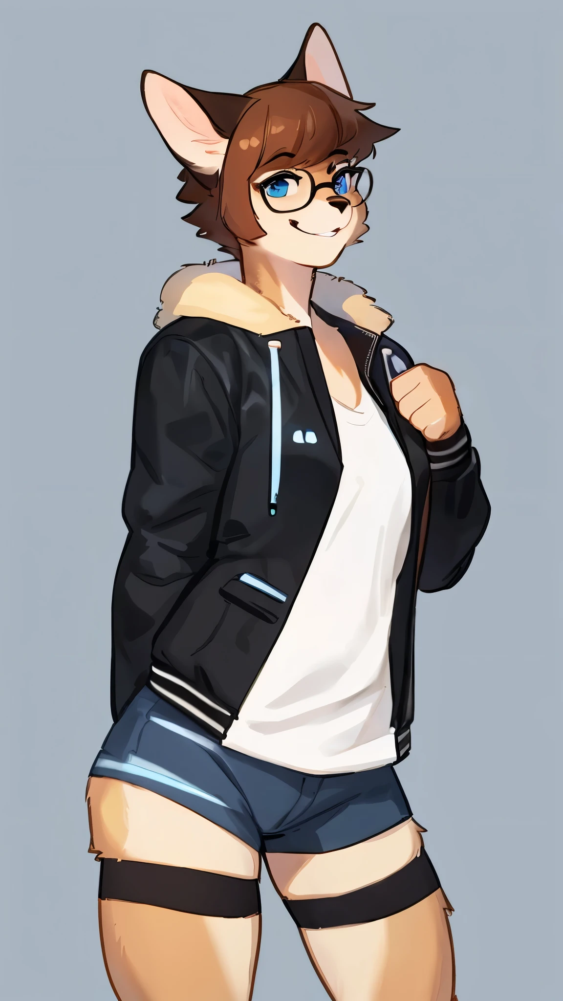 By bebebebebe, by lostgoose, by goonie-san, solo, snout, ears, feline, siamese cat, pale blue eyes, brown hair, short hair, hair bangs, muscular, smiling, happy, ((curvy)), brown upper face, offwhite fur, female, (adult, mature), graphic tee shirt, short shorts, black thigh-highs, (convas jacket), ((rectangular glasses))