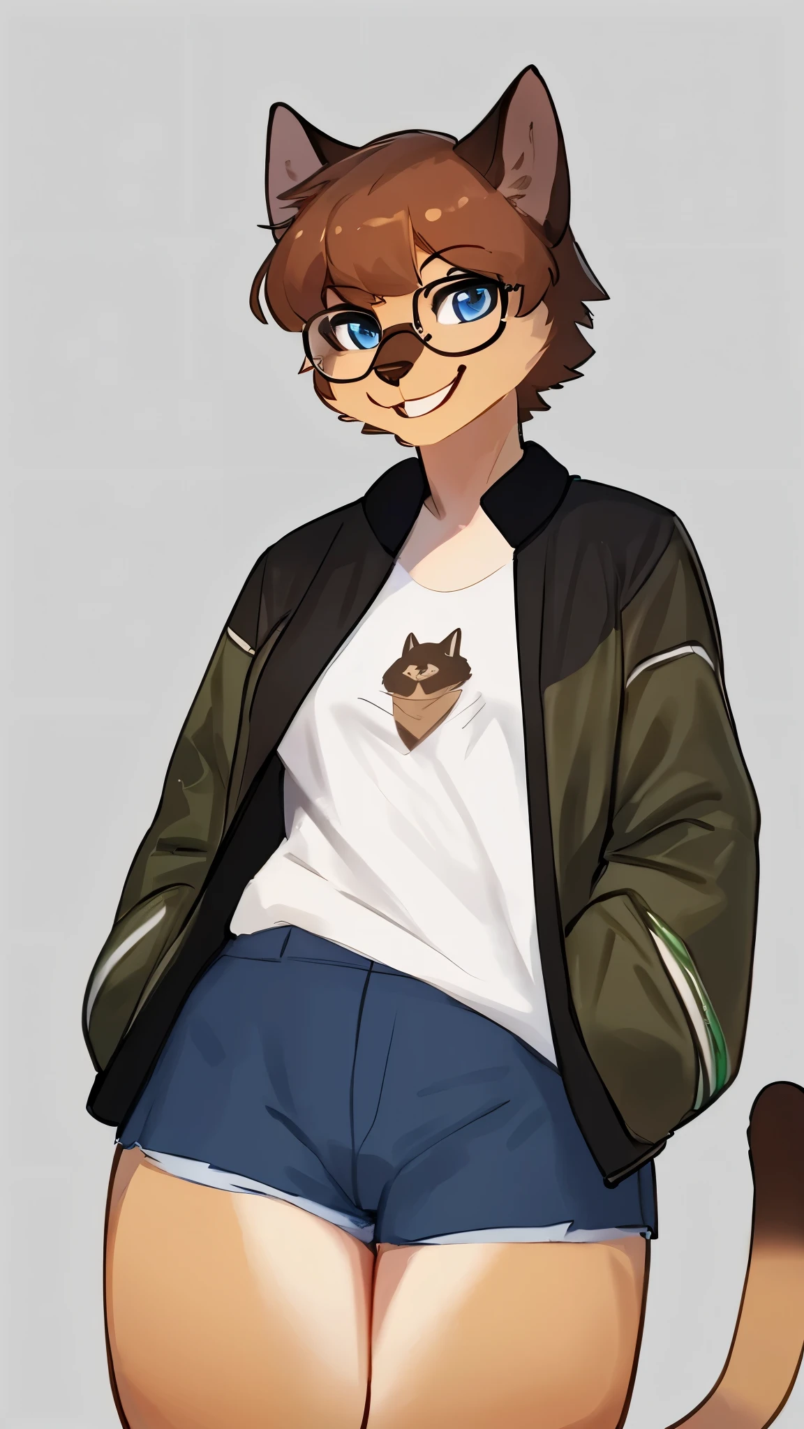 By bebebebebe, by lostgoose, by goonie-san, solo, snout, ears, feline, siamese cat, pale blue eyes, brown hair, short hair, hair bangs, muscular, smiling, happy, ((curvy)), brown upper face, offwhite fur, female, (adult, mature), graphic tee shirt, short shorts, black thigh-highs, (convas jacket), ((rectangular glasses))