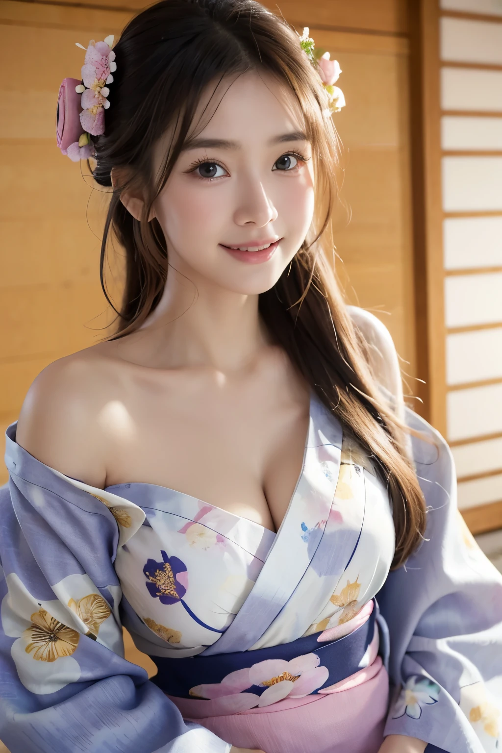 (ung girl), very cute face, wonderful face and eyes, (highly detailed eyes, highly detailed face), Fresh, very beautiful appearance, (超realistic, High resolution), (highest quality:1.4), RAW photo, (realistic, Photoreal:1.37), professional photography, (floral pattern yukata:1.5), (Open yukata), (cleavage:1.2), (bare shoulders), smile a little, (look at me), Bedroom, girl portrait,