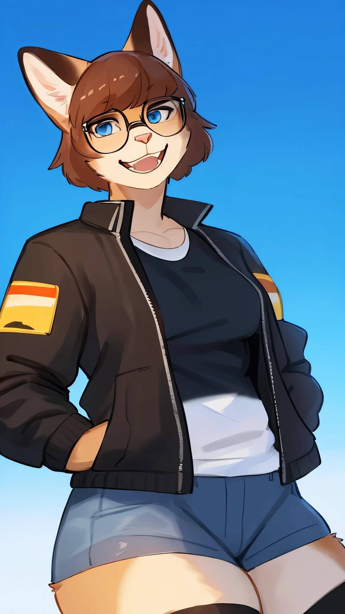 By bebebebebe, by lostgoose, by goonie-san, solo, snout, ears, feline, siamese cat, pale blue eyes, brown hair, short hair, hair bangs, muscular, smiling, happy, ((curvy)), brown upper face, offwhite fur, female, (adult, mature), graphic tee shirt, short shorts, black thigh-highs, (convas jacket), ((rectangular glasses))