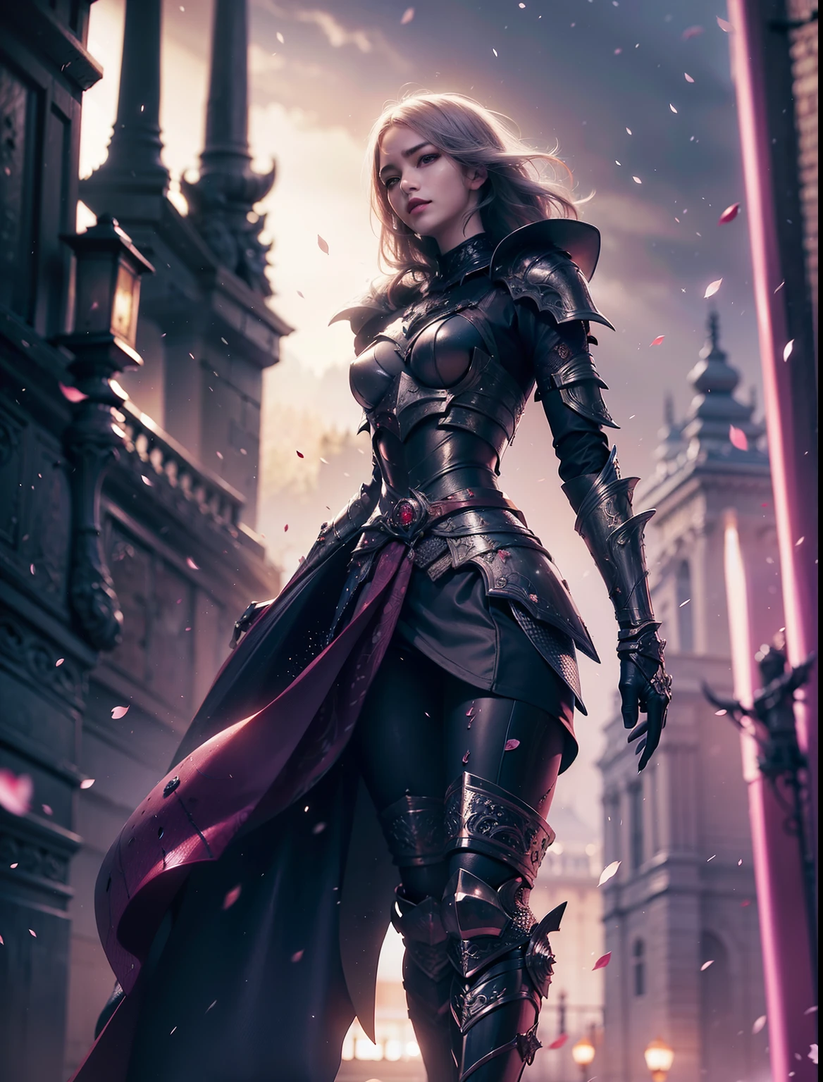Bust ((from face to the waist)) Beauty girl in hyperrealistic detailed tight ornad elegant knight armor, detailed sharp galaxy glowing eyes, cinematic illumination 8k, (masterpiece), sharp focus, cherry petals rain