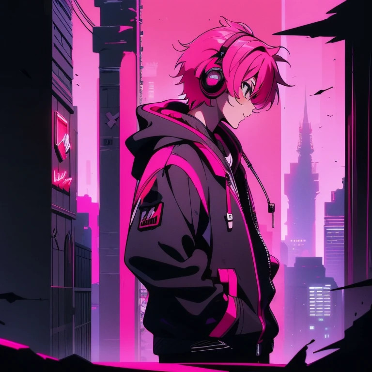 (shortcut), (two block hair), (bright pink hair), (male character), (red eyes), (cool pose), (top quality), (masterpiece), (Super detailed), (oversized hoodie), (Street style), (neon), (modern city), (neonデイライト), (cinematic), (stylish), (High resolution), (hyper-detailed), (soft town), (Nightcore), (a handsome guy), (wearing headphones and listening to music), (natural appearance of the building), (casual), (IG studio anime style), (standing pose), (Shooting from a low angle), (looking at the camera), (With a smile)