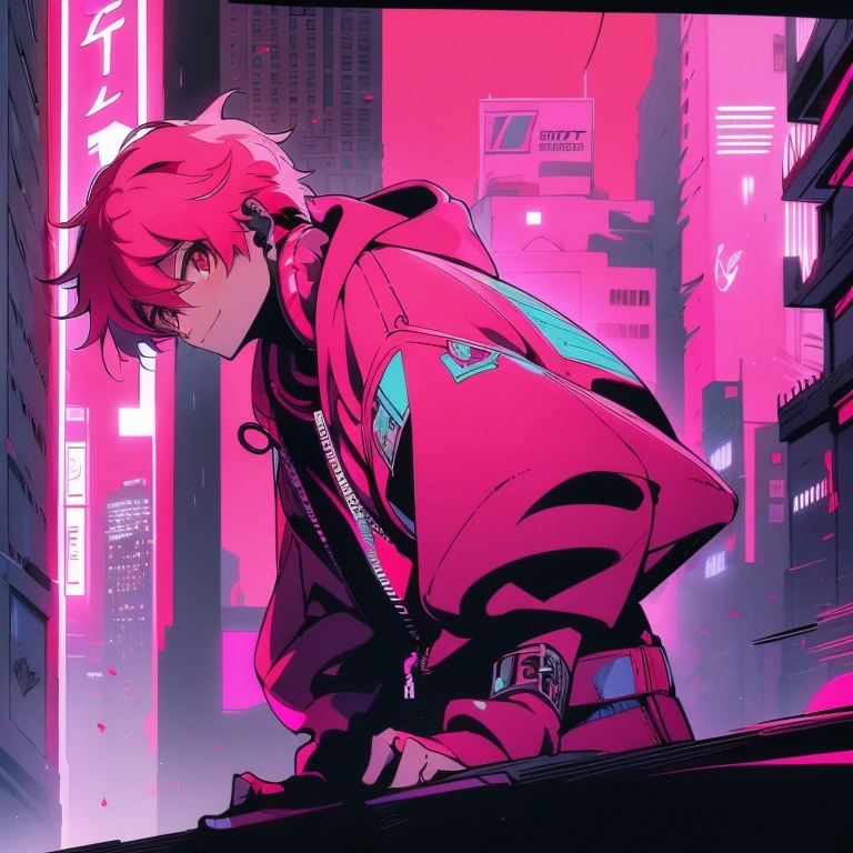 (shortcut), (two block hair), (bright pink hair), (male character), (red eyes), (cool pose), (top quality), (masterpiece), (Super detailed), (oversized hoodie), (Street style), (neon), (modern city), (neonデイライト), (cinematic), (stylish), (High resolution), (hyper-detailed), (soft town), (Nightcore), (a handsome guy), (wearing headphones and listening to music), (natural appearance of the building), (casual), (IG studio anime style), (standing pose), (Shooting from a low angle), (looking at the camera), (With a smile)