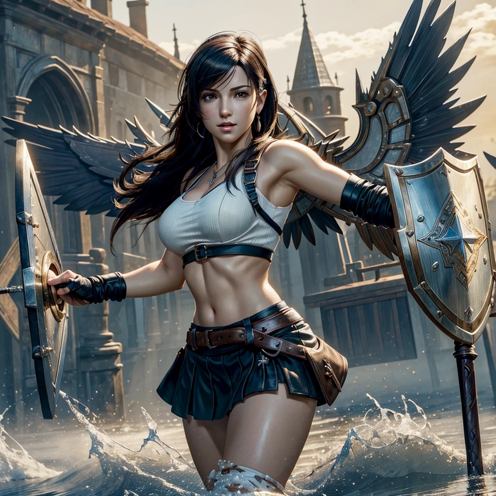 (masterpiece, best quality),  intricate details, 8k, artstation, wallpaper, official art, splash art, sharp focus, 
 1girl, extremely beautiful detailed face tifa, tifa lockhart, final fantasy, warrior outfit, (holding a shield in hand)++, female knight, medieval, high fantasy, (fairy wings)++, glowing shield