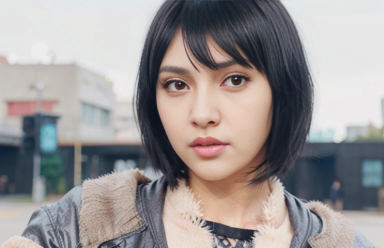 young woman, tanned skin, short black hair, bangs, big pink lips, big black eyes, black clothing, Shizune, 3d, realism