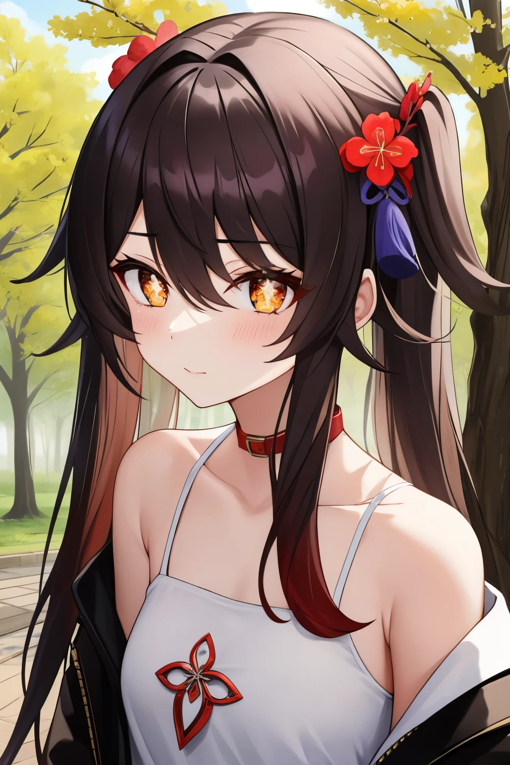 HuTaoV4,1girl,solo,long hair, off shoulder, collar bone, look at viewer, perfect fingers, armpit peek, Beautiful flowers bloom, (sparkles), (There is a blooming sakura)，standing under a tree, (head looking up), Look at the tree, Natural soft light, macaron, Still ethereal, Crisp and smooth lines, radiant morning light, soft luminescent glow, hodie, jacket