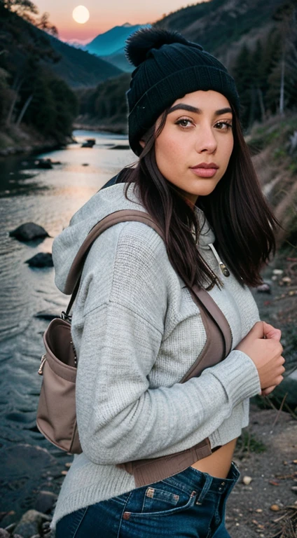 fotorrealista, Mejor calidad, hiper detallado, mujer hermosa latina, foto autofoto, parte superior del cuerpo, Solo, vistiendo jersey, 3 different styles and cloths ,al aire libre, (noche), mountains, Naturaleza de la vida real, estrellas, Luna, (alegre, feliz), bolsa de dormir, guantes, sweater, gorro, Linterna, bosque, rocas, river, madera, fumar, niebla, Cielo limpio, analog style, mirando al espectador, textura de la piel, film grain, de cerca, ultra high resolution, mejor sombra, CRUDO, LUT de Instagram