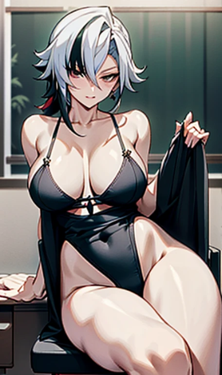 NSFW, ((POV)), arlecchino, arlecchino from genshin impact, office lady, big tits, cool girl, a quiet and serious girl, badass, firm expression, evil smile, look down, sexy model pose, office background, fine background, leg loops, black stocking, full body, sitting on the chair, ((naked)), bra, underpants, sexy black underwear, legs open
