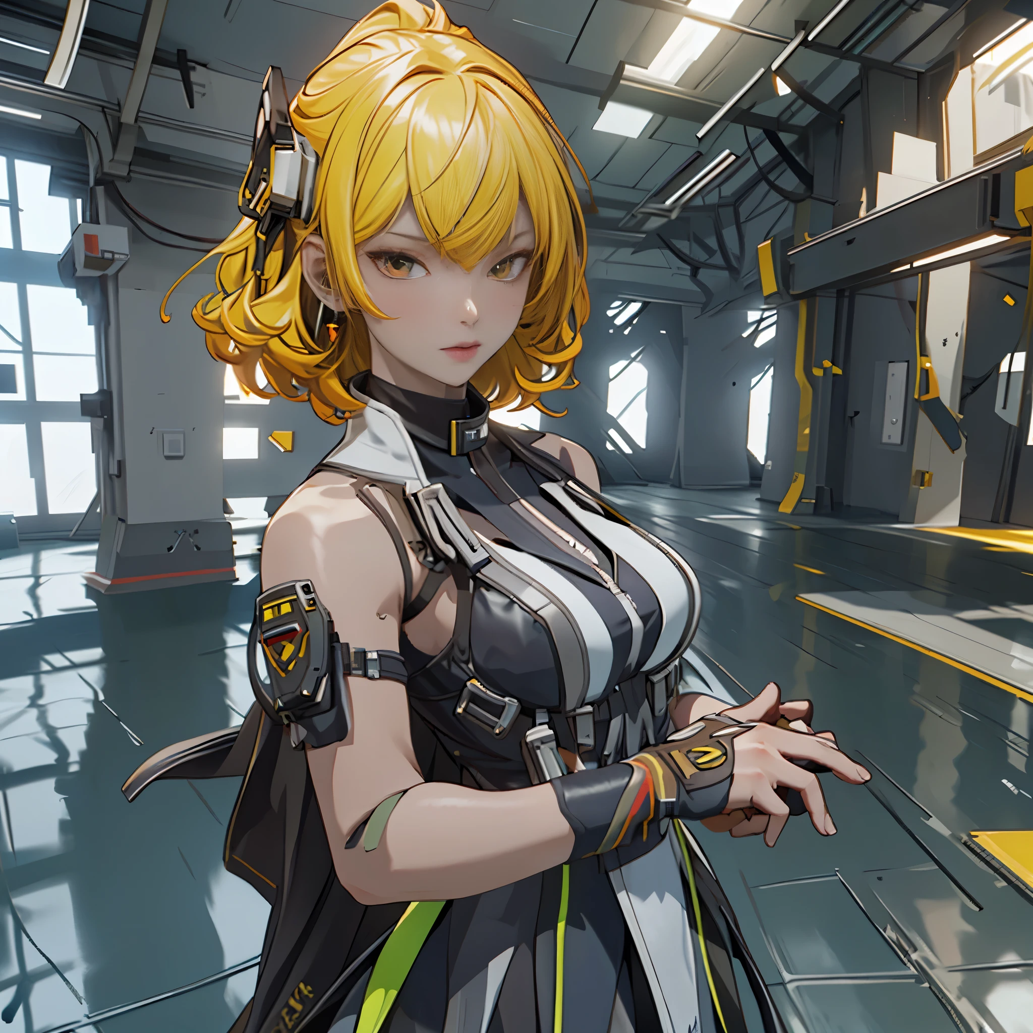 ((Best quality)), ((masterpiece)), (detailed:1.4), 3D, an image of a beautiful cyberpunk female, short yellow hair, red eyeys,HDR (High Dynamic Range),Ray Tracing,NVIDIA RTX,Super-Resolution,Unreal 5,Subsurface scattering,PBR Texturing,Post-processing,Anisotropic Filtering,Depth-of-field,Maximum clarity and sharpness,Multi-layered textures,Albedo and Specular maps,Surface shading,Accurate simulation of light-material interaction,Perfect proportions,Octane Render,Two-tone lighting,Wide aperture,Low ISO,White balance,Rule of thirds,8K RAW,