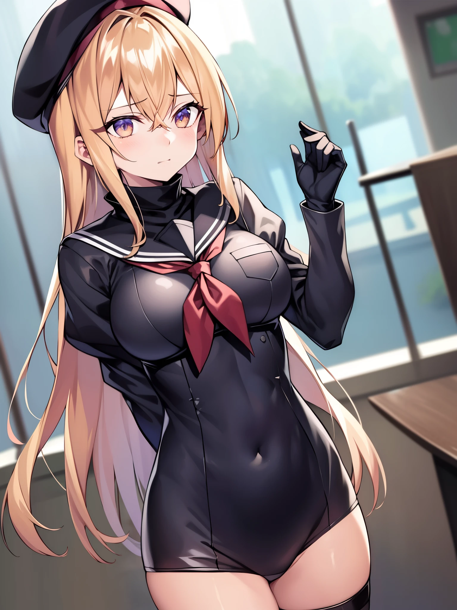 masterpiece、highest quality、1 girl、solo、Una、neckerchief、Serafuku、leotard、Jacket、beret、gloves、pants、open clothes、Tactical clothing、shirt、black hat、指なしgloves、disgust、I furrowed my brow.、I'm looking down、look at viewer、put one&#39;s hand in one&#39;s pocket