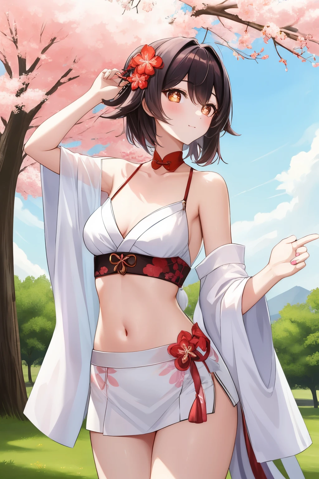 HuTaoV4,1girl,solo,short hair, off shoulder, collar bone, look at viewer, perfect fingers, armpit peek, Beautiful flowers bloom, (sparkles), (There is a blooming sakura)，standing under a tree, (head looking up), Look at the tree, Natural soft light, macaron, Still ethereal, Crisp and smooth lines, radiant morning light, soft luminescent glow, idol, idol costume, kimono, navel