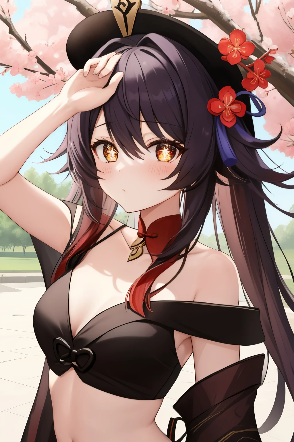 HuTaoV4,1girl,solo,short hair, off shoulder, collar bone, look at viewer, perfect fingers, armpit peek, Beautiful flowers bloom, (sparkles), (There is a blooming sakura),standing under a tree, (head looking up), Look at the tree, Natural soft light, macaron, Still ethereal, Crisp and smooth lines, radiant morning light, soft luminescent glow, idol, idol costume, kimono, navel