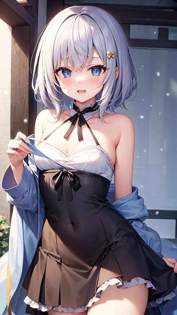 super high quality, with a girl, 20-year-old, very short hair, long bangs between the eyes, pale blue eyes , very detailed,(masterpiece、highest quality)、alone、gray hair、laughter、White skin as clear as snow、fantasy, silver hair, black eye, beautiful eyes,, ecstasy, charm, be smitten with audience, fantasyな風景、evening