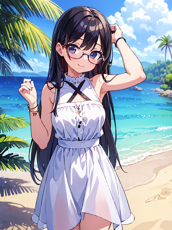 1 girl, low teen, dark hair, (long straight hair), glasses, sleeveless white dress, innocent smile, rambling bust pushing up from under clothing, (armpit), sandy beach, cartoon style illustration full body, top quality, very detailed.