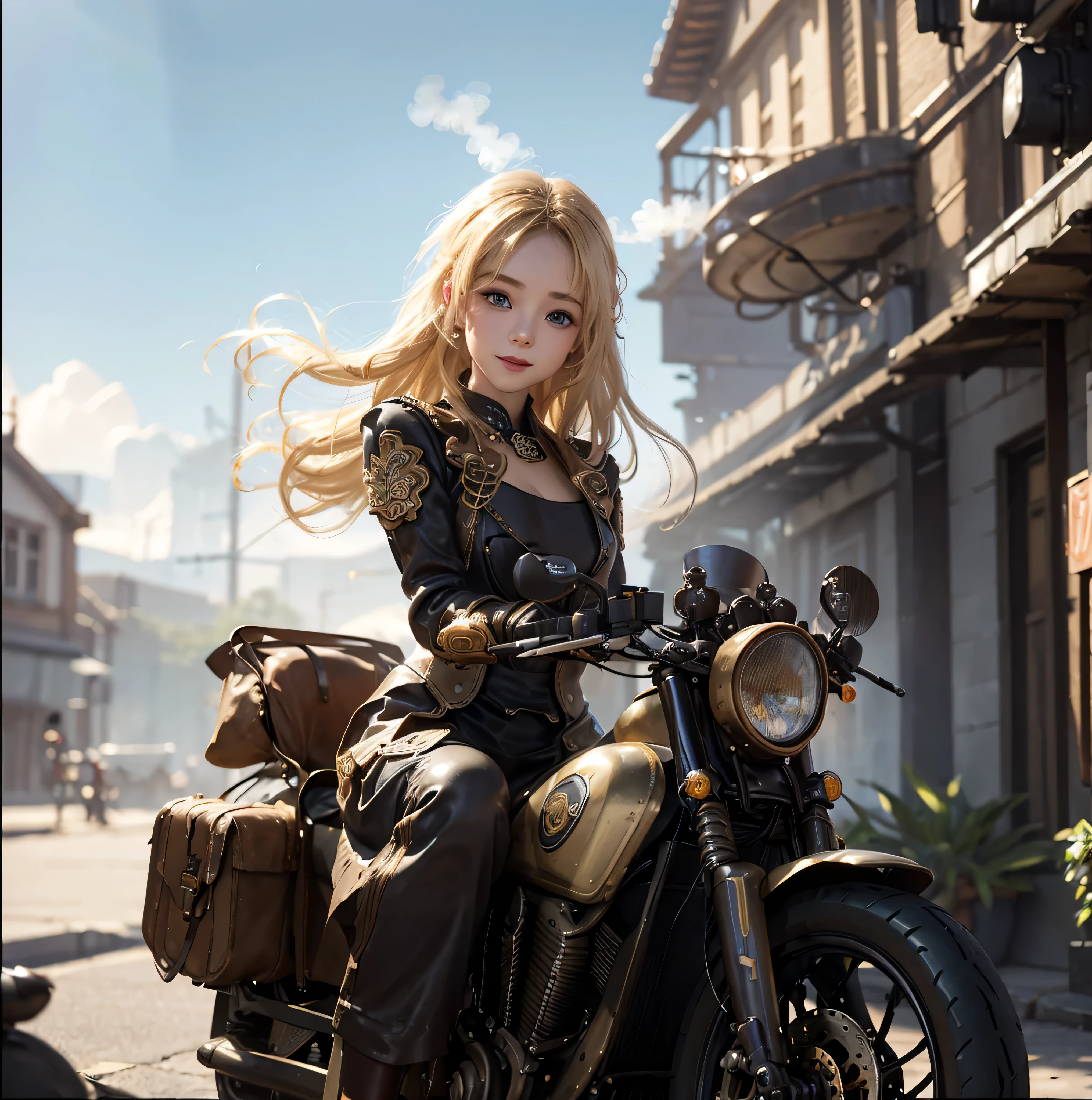 Visually correct、fantasy art behance、lense flares、a scene from a movie、(Realistic:0.4)、pastel drawing、(blur:1.7)、(cdy:1.3)、 absurdist, Hi-Res, Ultra-detailded, (Cute 1 girl:1.3)、Beautiful long blonde hair、transparent haired、(beautiful cute eyes:1.3)、Beautiful skins、(makeup:1.1)、a smile、独奏、Dynamic angles、Refreshing、summer dress、(steam-punk:1.3)、cog、cog、cog、(Cool one-seater motorcycle:1.3)、mechs、pipes、Brass decoration、olhos realistas