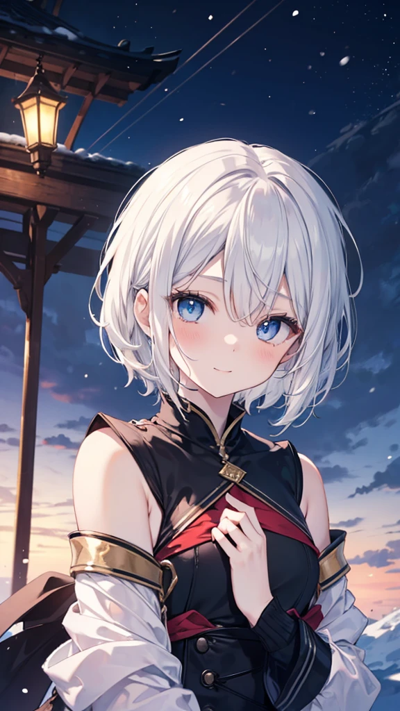 super high quality, with a girl, 20-year-old, very short hair, long bangs between the eyes, pale blue eyes , very detailed,(masterpiece、highest quality)、alone、gray hair、laughter、White skin as clear as snow、fantasy, silver hair, black eye, beautiful eyes,, ecstasy, charm, be smitten with audience, fantasyな風景、evening