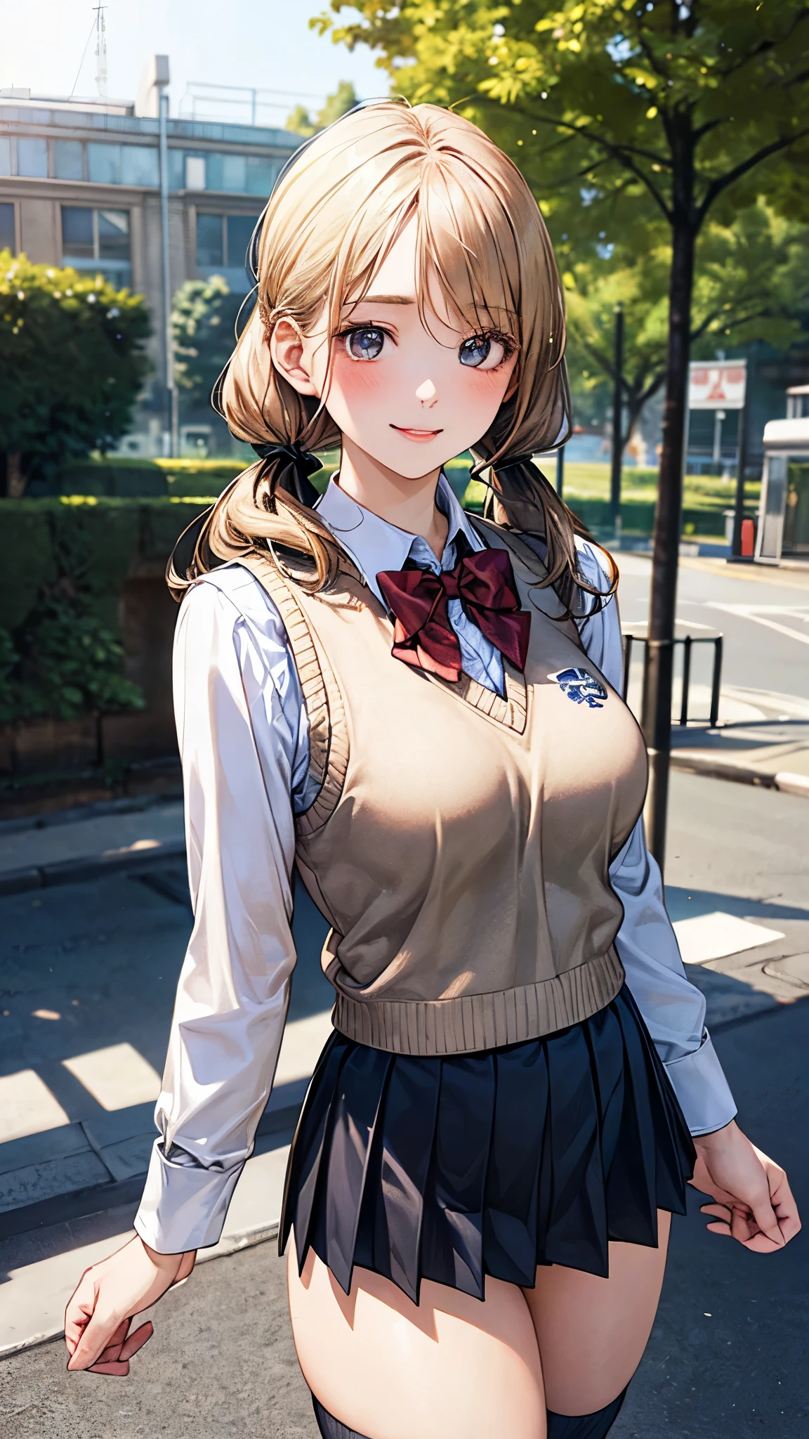 (masterpiece:1.2, top-quality), (realistic, photorealistic:1.4), beautiful illustration, (natural side lighting, movie lighting), nsfw, 
looking at viewer, cowboy shot, front view:0.6, 1 girl, japanese, high school girl, perfect face, cute and symmetrical face, shiny skin, 
(long hair:1.8, low twintails:1.7, blond hair), parted bangs, gold eyes, long eye lasher, (large breasts:0.8, thick thighs), 
beautiful hair, beautiful face, beautiful detailed eyes, beautiful clavicle, beautiful body, beautiful chest, beautiful thigh, beautiful legs, beautiful fingers, 
((((long sleeve)), roll up sleeves, white collared shirts, navy pleated mini skirt, black socks, brown loafers, red bow tie, beige sleeveless knitted vest)), pink panties, 
(beautiful scenery), evening, riverside, standing, (lovely smile, upper eyes), 