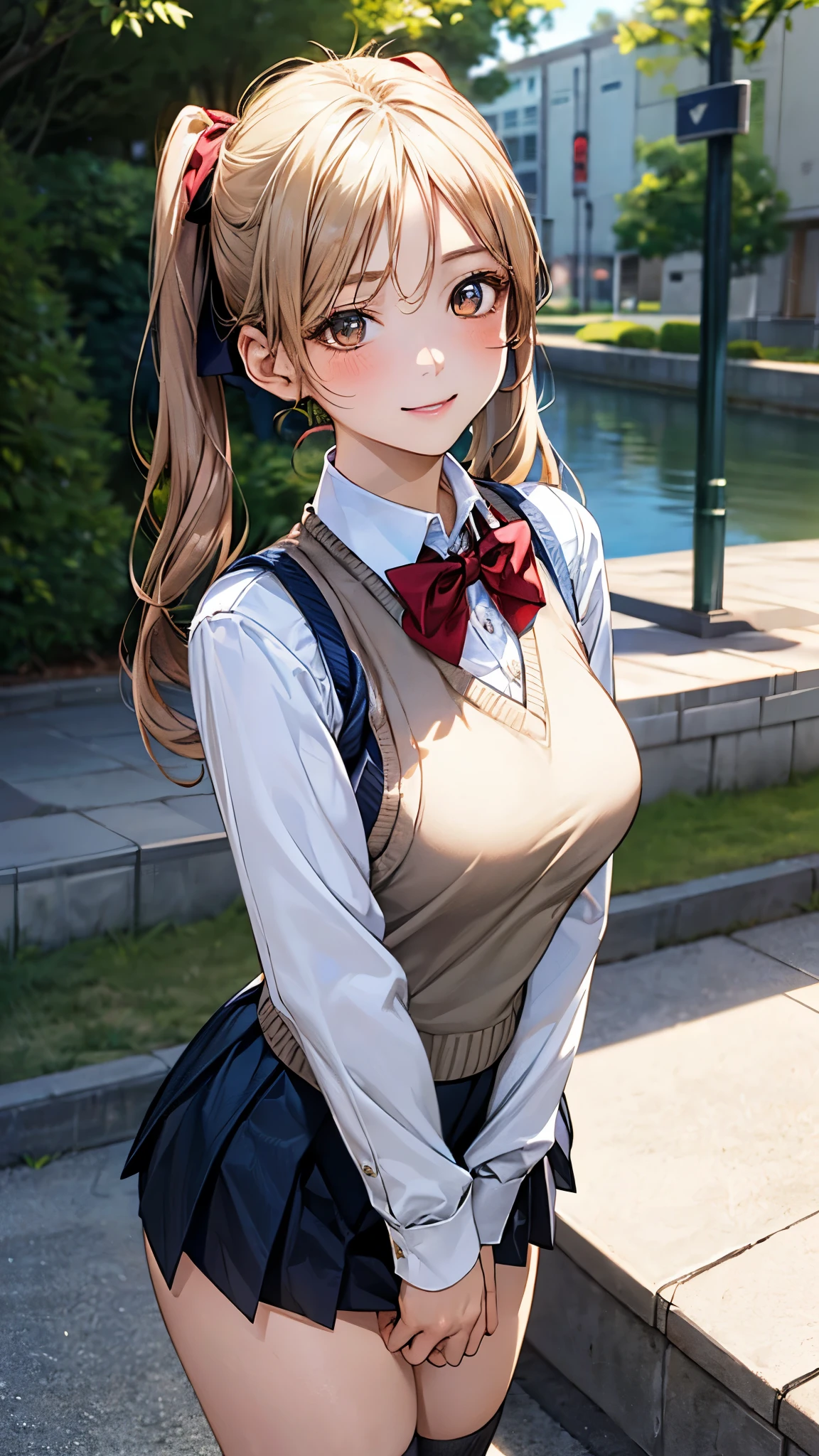 (masterpiece:1.2, top-quality), (realistic, photorealistic:1.4), beautiful illustration, (natural side lighting, movie lighting), nsfw, 
looking at viewer, cowboy shot, front view:0.6, 1 girl, japanese, high school girl, perfect face, cute and symmetrical face, shiny skin, 
(long hair:1.8, low twintails:1.7, blond hair), parted bangs, gold eyes, long eye lasher, (large breasts:0.8, thick thighs), 
beautiful hair, beautiful face, beautiful detailed eyes, beautiful clavicle, beautiful body, beautiful chest, beautiful thigh, beautiful legs, beautiful fingers, 
((((long sleeve)), roll up sleeves, white collared shirts, navy pleated mini skirt, black socks, brown loafers, red bow tie, beige sleeveless knitted vest)), pink panties, 
(beautiful scenery), evening, riverside, standing, (lovely smile, upper eyes), 