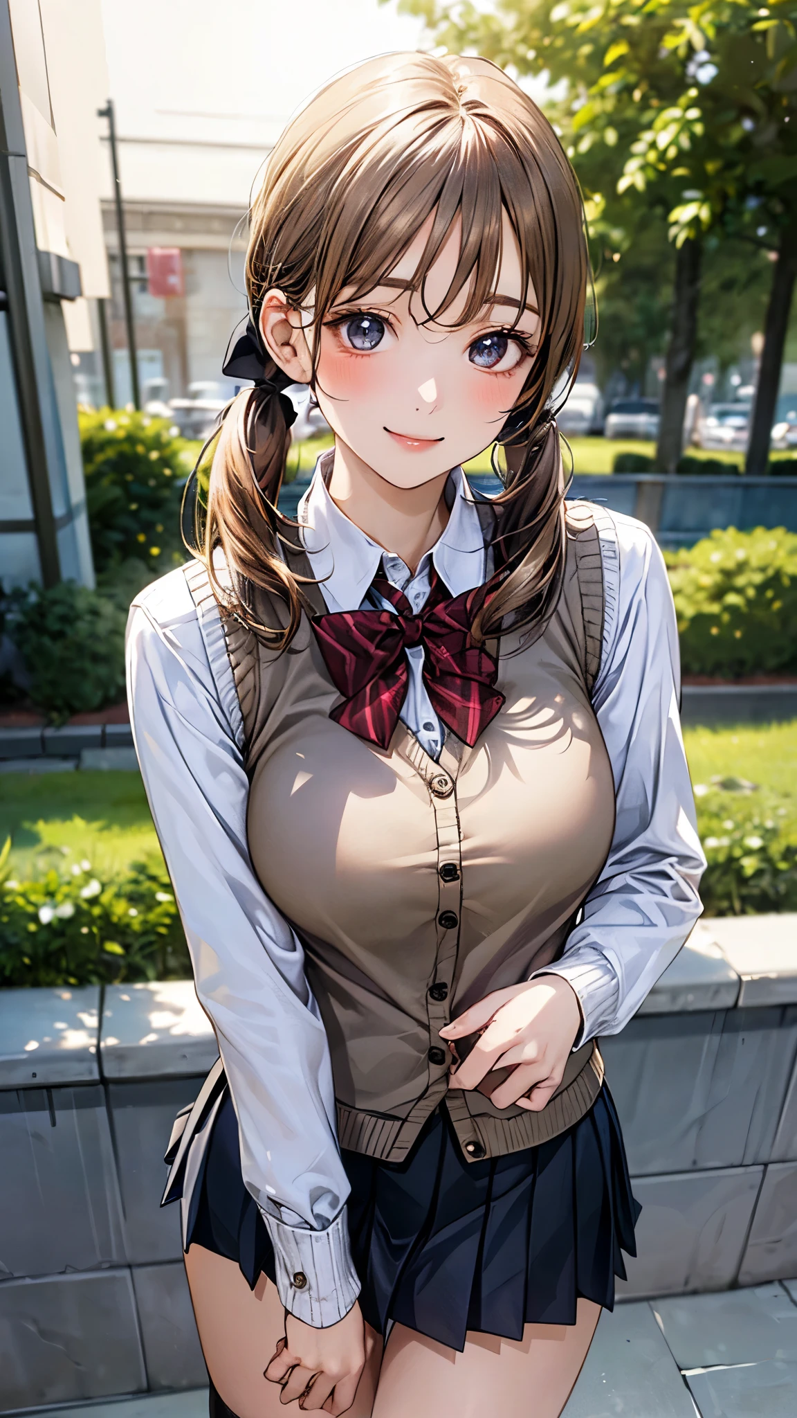 (masterpiece:1.2, top-quality), (realistic, photorealistic:1.4), beautiful illustration, (natural side lighting, movie lighting), nsfw, 
looking at viewer, cowboy shot, front view:0.6, 1 girl, japanese, high school girl, perfect face, cute and symmetrical face, shiny skin, 
(long hair:1.8, low twintails:1.7, blond hair), parted bangs, gold eyes, long eye lasher, (large breasts:0.8, thick thighs), 
beautiful hair, beautiful face, beautiful detailed eyes, beautiful clavicle, beautiful body, beautiful chest, beautiful thigh, beautiful legs, beautiful fingers, 
((((long sleeve)), roll up sleeves, white collared shirts, navy pleated mini skirt, black socks, brown loafers, red bow tie, beige sleeveless knitted vest)), pink panties, 
(beautiful scenery), evening, riverside, standing, (lovely smile, upper eyes), 
