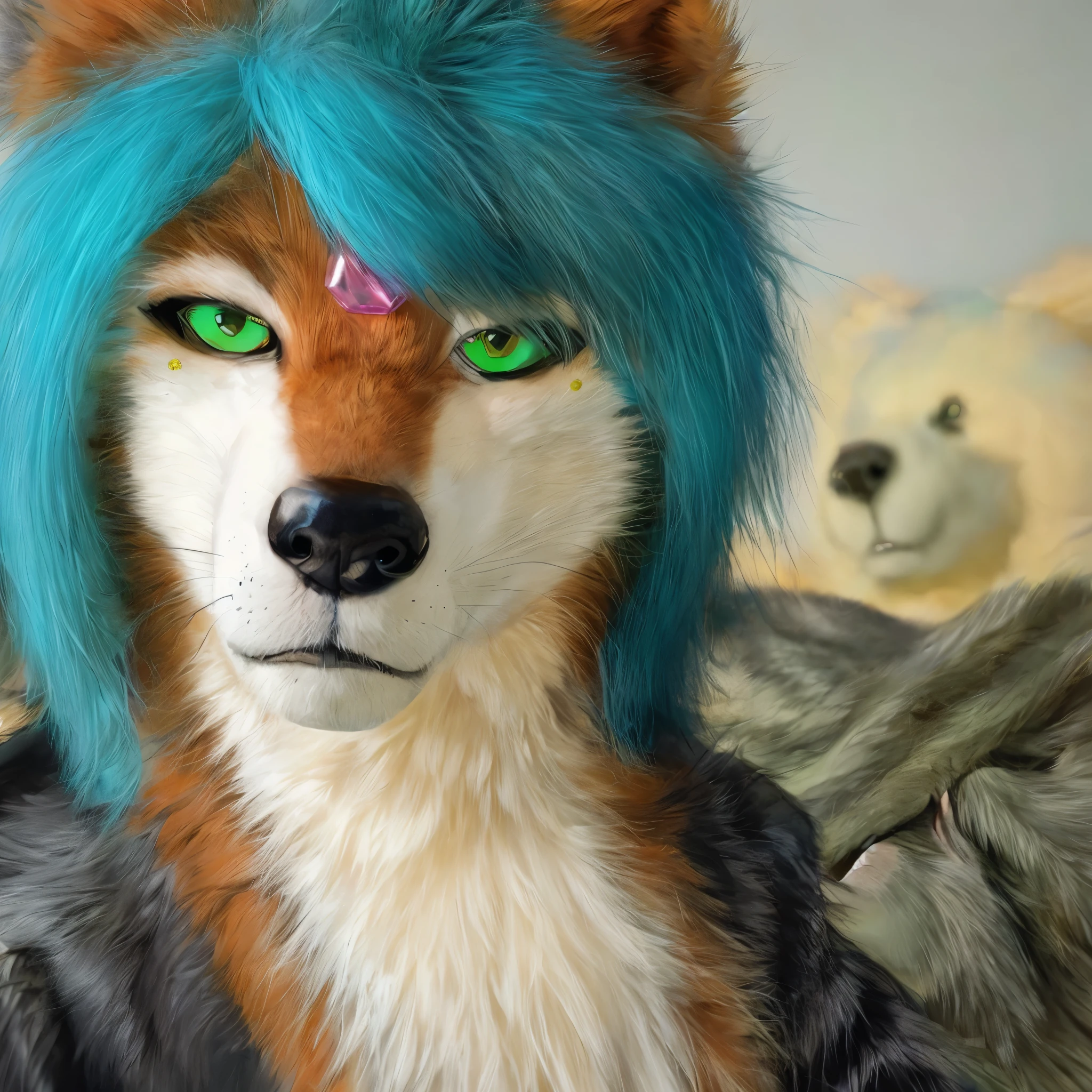 anthro wolf woman furry detailed fur long fur long hair realistic fur digital art, araffe with blue hair and a pink gem and green eyes, headshot of young female furry, fursuit, furry fursona, furry character portrait, fursuit!!!!, pov furry art, furry artist, furry character, fursona!!!!, furry shot, holo is a wolf girl, portrait of an anthro fox, handsome weasel fursona portrait