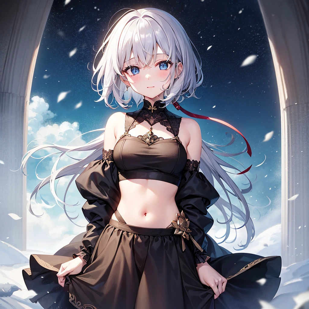 super high quality, with a girl, 20-year-old, very short hair, long bangs between the eyes, pale blue eyes , very detailed,(masterpiece、highest quality)、alone、gray hair、laughter、White skin as clear as snow、fantasy, silver hair, black eye, beautiful eyes,, ecstasy, charm, be smitten with audience, fantasyな風景、evening