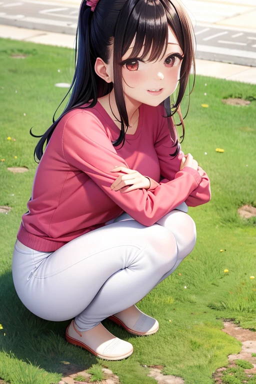 Super detailed，masterpiece，best quality，harf，View，blush blush，Yazawa Nico,red eyes, Blunt hair, 1 female、White clothes、The belly is visible，White bun hairstyle， black hair color hair、chubby、Smile、pale pink lips、Soaked all over，oestrus，Blushed，visible、Red yoga pants，Sit with your knees folded，wet hair，messy hair，on the ground，Squat on your knees，屈膝sit down，front view，Place your fingers on your lips，Legs slightly open，Legs not together，sit down