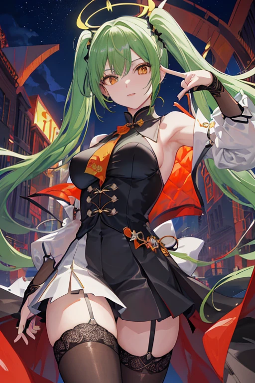 ((masterpiece:1.4,best quality))++,(Ultra-detailed)+,(best quality,Ultra-detailed,Bright colors,colorful,dynamic角度,high contrast:1.2),(anime style,a sense of atmosphere,higher details,CG rendering,vertical painting),(right hand,leg,finger,Body,Eye),a girl,Height about 162cm,green hair(Orange pick dye),南瓜橙色的Eye,European style连衣裙((sleeveless,circus风格)),Black long lace gloves,black stockings,spiral twintails((bilateral symmetry,Prick under the back of the head)),mystery,Poker face。Eye下面有一些装饰图案。European style,circus,magician,delicate face,Exquisite facial features,(from below:0.5), Fashion, Energetic, clothing, pose, front, colorful, dynamic, background, element, confidence, Express, statement, Accessories, majestic, coil, around, Scenes, cover, Bold, striking, Fashion, font, catchy, striking, modern, Fashion, focus, Fashion,night,moon,stage,Performance,声势浩大的Scenes,light
