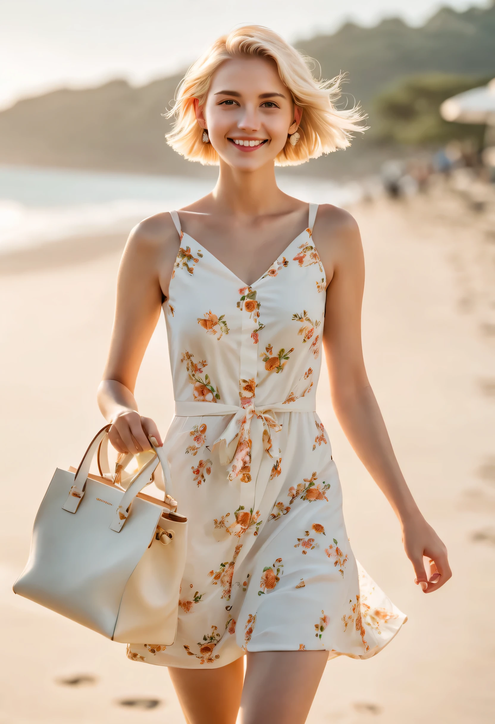 F/4.0, Sony FE General Manager, ultra high definition, high resolution, high detail, high quality, A young blonde short haired girl is walk on the beach, (22 years old) smiling, (she is wearing a white Floral dress), (She is holding a small handbag: 1.5) and (her other hand is holding a Starbucks coFFee: 1.33), (Photo shows the girl&#39;s side), (her shoulder Facing the camera lens), (walk), (walk on the side: 1.37) Hair to calves, bright sunshine