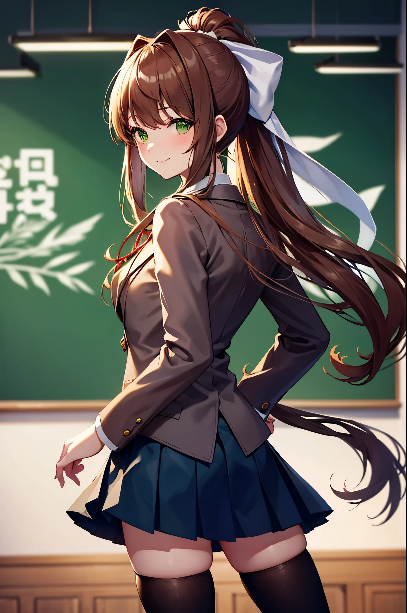 (masterpiece), best quality, expressive eyes, perfect face, highres, ddlcmonika, blunt bangs, brown hair, (green eyes:1.5), long hair, ponytail, ribbon, white ribbon, hair ribbon, sidelocks, black thighhighs, blue skirt, brown jacket, jacket, long sleeves, mary janes, over-kneehighs, pleated skirt, school uniform, shoes, skirt, thighhighs, zettai ryouiki, smiling, indoors, classroom background, stanidng,upper body portrait, looking at the viewer, from behind and frontal, butt, hand on hip
