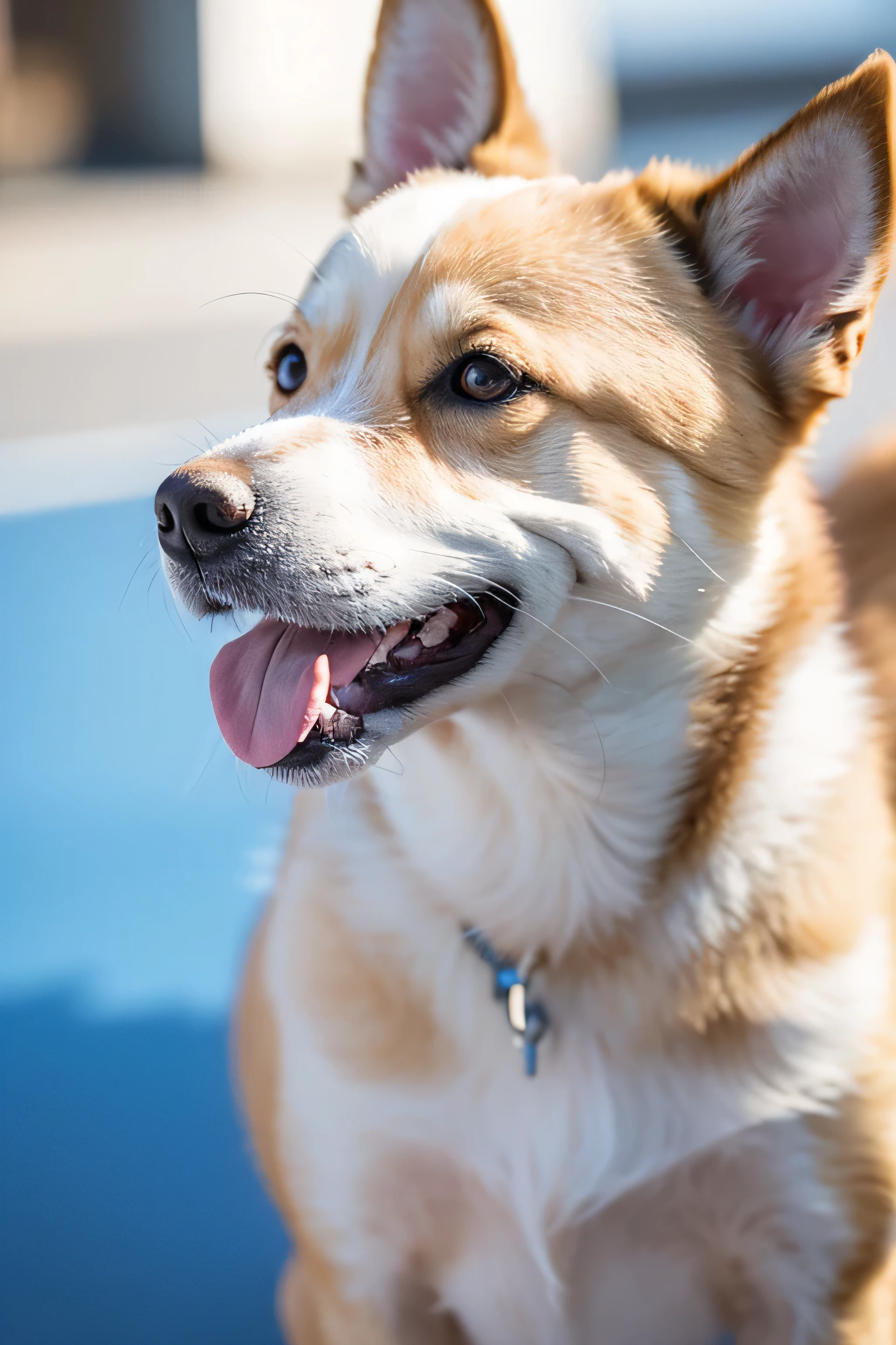 "Capture warm, clear images of a happy dog with a bright smile, Squinting happily in the sun, blue sky. Photo highlights dog's cheerful demeanor and lively personality, Expressive face – focus on eyes and mouth, The joy is palpable. soft, Natural light enhances the intricate details of its face and the smooth texture of its fur. The background should be simple、tidy, Focus all your attention on your dog's happy expression. High resolution is key to revealing their facial expressions,The whole picture exudes a sense of satisfaction and realism, Pets bring simple joy to our lives."