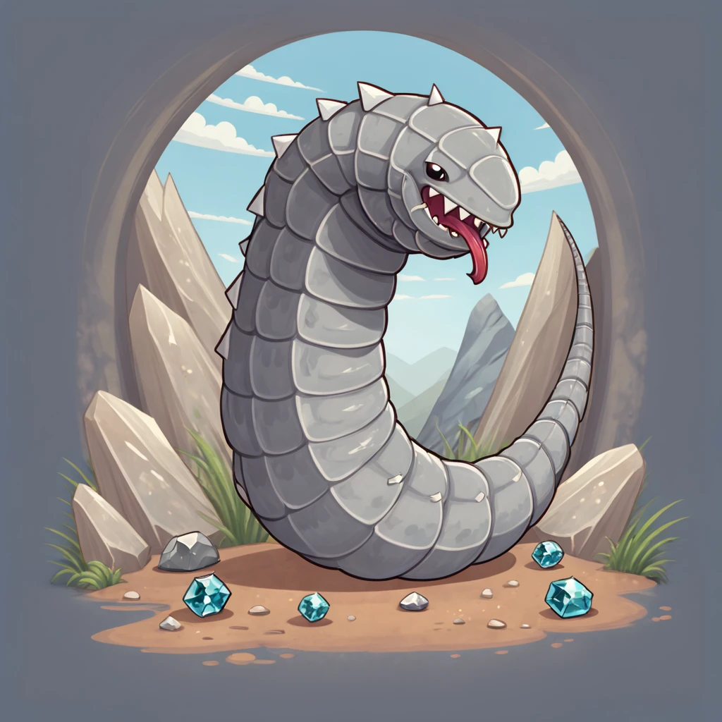 A giant gray rock worm as hard as diamonds tossing rocks around with its tail, in card art style
