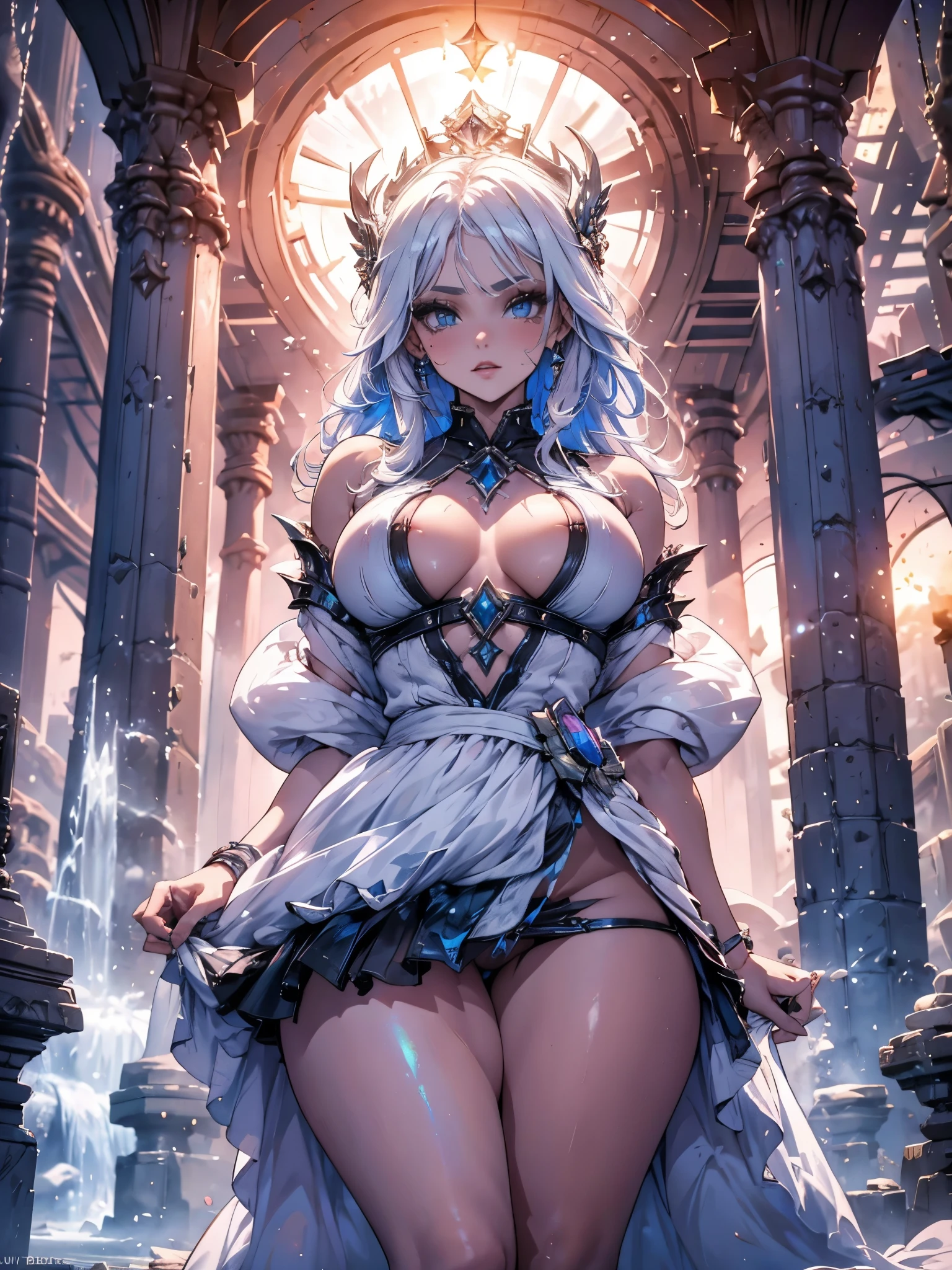ice queen, girl with a toned face, small mouth, plump lips, serious expression, long hair, white hair with violet highlights, white eyes, white eyelashes, white eyebrows, moving hair, round breasts, big booty, fat thighs, body entire, (((the ice queen sits spread-eagled, around stalagmites like pillars of ice))), {extremely detailed 16k CG unit wallpaper}, expansive landscape photography, (a view from below focusing on character and setting), (wide open field view), (low angle shot), (high light: 1.2), (low light: 1.6), (warm light source: 1.2), complex details, (iridescent colors: 1.5), (bright lighting), (atmospheric lighting), dreamy, unique,