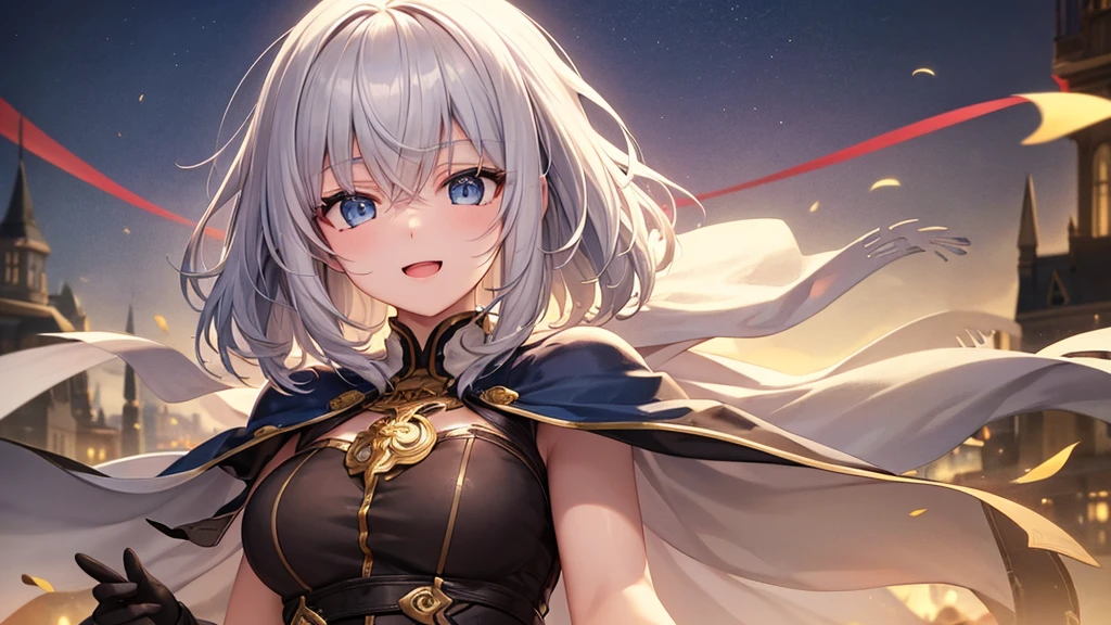 (masterpiece)、(absurdres)、(ultra detailed),solo lady、 shiny white hair、shortcut hair、shiny pink eyes、big breast:0.8、(wizard white dress)、BREAK、(yellow hairpin)、BREAK、half-closed eyes,from front,upper body shot,sunrise lighting、Petals flying in the air、closed mouth,Sunrise background、