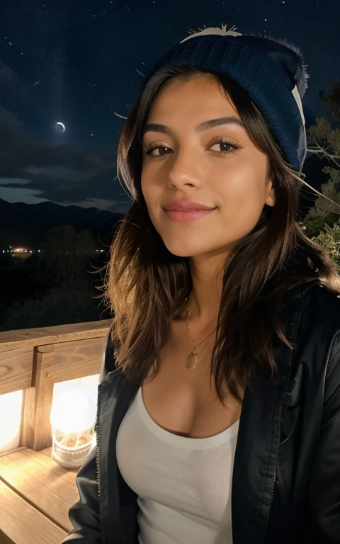 fotorrealista, Mejor calidad, hiper detallado, mujer hermosa, foto autofoto, parte superior del cuerpo, Solo, vistiendo jersey, al aire libre, (noche), mountain scape, La naturaleza de la vida real., estrellas, Luna, (Sonrisa excepcional、un moreno、sixteen years、alegre, feliz), gorro, luces de flash, bosque, cantos rodados, river, madera, fumar, niebla, cielos cristalinos, analog style, mirando al espectador, textura de la piel, film grain, de cerca, Super high resolution, mejor sombra, CRUDO, LUT de Instagram