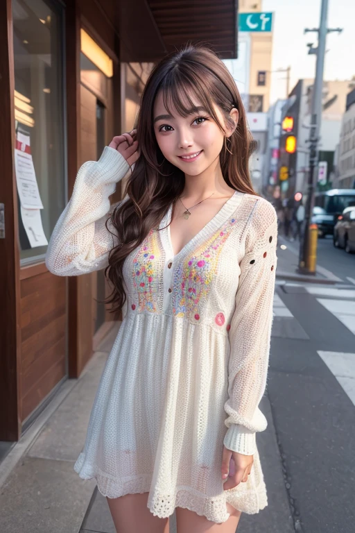 (Highly detailed CG Unity 8K wallpaper, highest quality, super detailed, High resolution, masterpiece, realistic, photorealistic:1.5), (cute japanese girl), highly detailed face, face focus, beautiful and fine eyes, focus of the eye, (detailed background), fine clothes, super dense skin, (She is wearing a colorful knitted dress with holes in the chest and back.:1.4), (Sidewalks in Shibuya:1.2), Midi wavy hair, brown hair, floating hair, Medium chest, medium butt, (compensate), (adorable smile:1.3), (looking at the viewer:1.4),