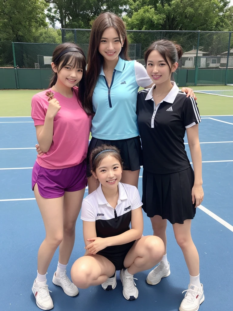 highest quality、High resolution、High definition、8K、beautiful and fine eyes、Beautiful teenage girl、(three women),cute hairstyle,perfect skin,huge breasts、Look at me happily、smiling、laughing、sexual expression、Upper body、 Tennis Dressesスタイル、 Tennis Dresses、可愛らしいTennis Dressesを選びましょう。Something with frills or lace details、We recommend items with colorful prints.。 shorts、Tennis Dressesの下にはshortsを着用しましょう。Easy to move、Good material that absorbs sweat。 head band、To wipe away the sweat flowing from my head、可愛いhead bandをつけるとおしゃれで機能的です。 Tennis Shoes、専用のTennis Shoesを選びましょう。Choose one with cushioning and stability、You can play comfortably。 テニスshortsスタイル、 polo shirt、スポーティでクラシックな印象のpolo shirtを選びましょう。The bright colors and colorful stripes are cute。 テニスshorts、Easy to move、汗を吸収する素材のテニスshortsを選びましょう。Choose your favorite colors and patterns to express your individuality。 socks、Tennis Shoesと合わせて、スポーティなsocksを選ぶとおしゃれです。Items with colorful patterns and logos are also cute.。