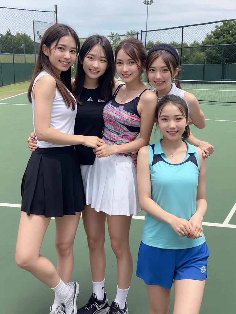 highest quality、High resolution、High definition、8K、beautiful and fine eyes、Beautiful age girl、(three women),cute hairstyle,perfect skin,huge break at me happily、smiling、laughing、sexual expr、Upper body、 Tennis Dressesスタイル、 Tennis Dresses、可愛らしいTennis Dressesを選びましょう。Something with frills or lace details、We recommend items with colorful prints.。 shorts、Tennis Dressesの下にはshortsを着用しましょう。Easy to move、Good material that absorbs sweat。 head band、To wipe away the sweat flowing from my head、可愛いhead bandをつけるとおしゃれで機能的です。 Tennis Shoes、専用のTennis Shoesを選びましょう。Choose one with cushioning and stability、You can play comfortably。 テニスshortsスタイル、 polo shirt、スポーティでクラシックな印象のpolo shirtを選びましょう。The bright colors and colorful stripes are cute。 テニスshorts、Easy to move、汗を吸収する素材のテニスshortsを選びましょう。Choose your favorite colors and patterns to express your individuality。 socks、Tennis Shoesと合わせて、スポーティなsocksを選ぶとおしゃれです。Items with colorful patterns and logos are also cute.。
