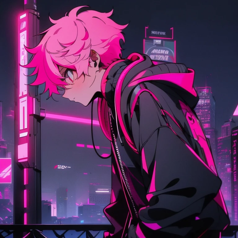 (shortcut), (two block hair), (bright pink hair), (male character), (red eyes), (cool pose), (top quality), (masterpiece), (Super detailed), (oversized hoodie), (Street style), (neon), (modern city), (neonデイライト), (cinematic), (stylish), (High resolution), (hyper-detailed), (soft town), (Nightcore), (a handsome guy), (wearing headphones and listening to music), (natural appearance of the building), (casual), (IG studio anime style), (standing pose), (Shooting from a low angle), (looking at the camera),