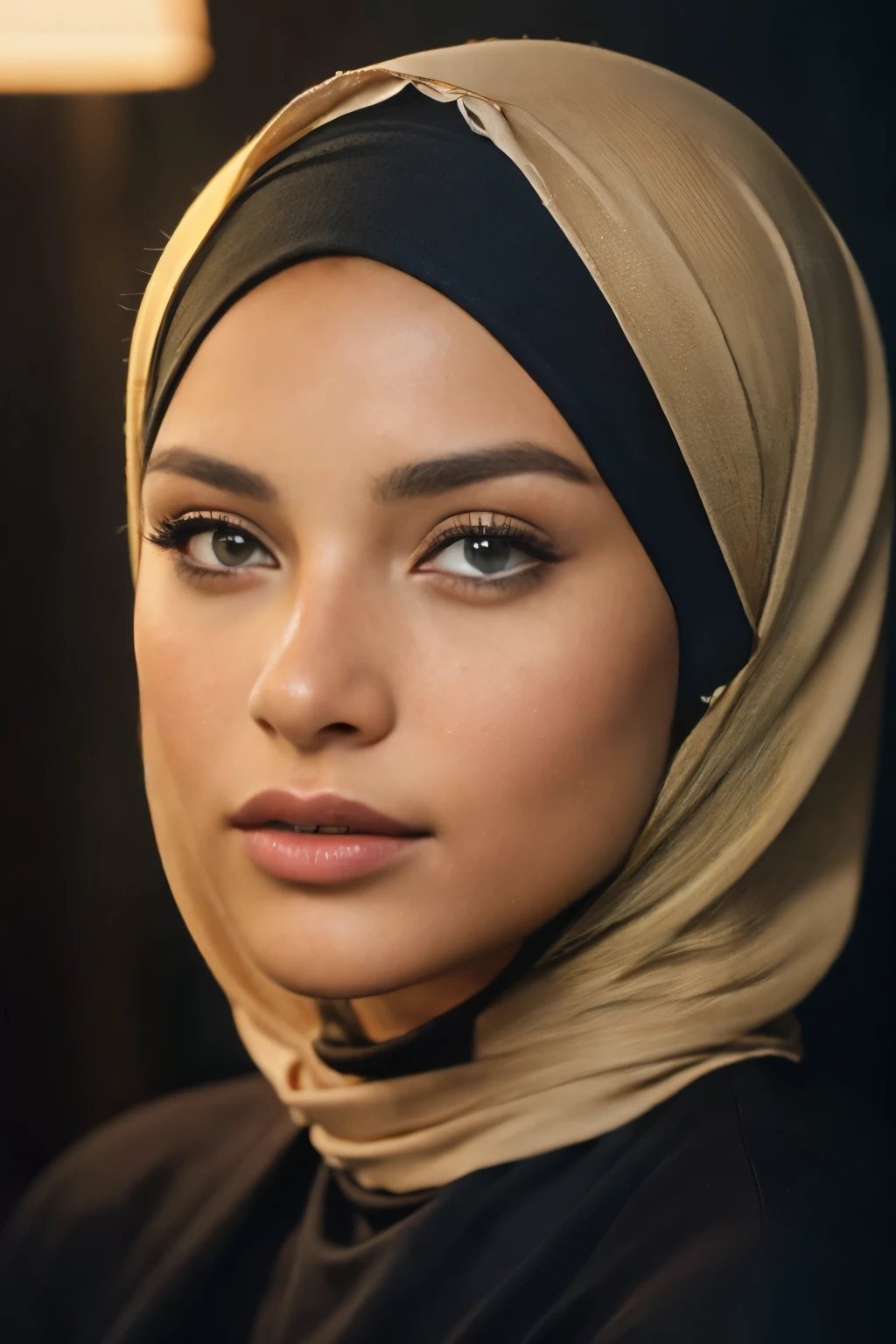 (close-up, editorial photograph of a teenage hijabi), violet myers, sexy girl with dark complexion, portrait sophie mudd, seductive lady, olive skinned, she has olive brown skin,, (highly detailed face:1.4) (smile:0.7) (background inside dark, moody, private study:1.3) POV, by lee jeffries, nikon d850, film stock photograph ,4 kodak portra 400 ,camera f1.6 lens ,rich colors ,hyper realistic ,lifelike texture, dramatic lighting , cinestill 800,