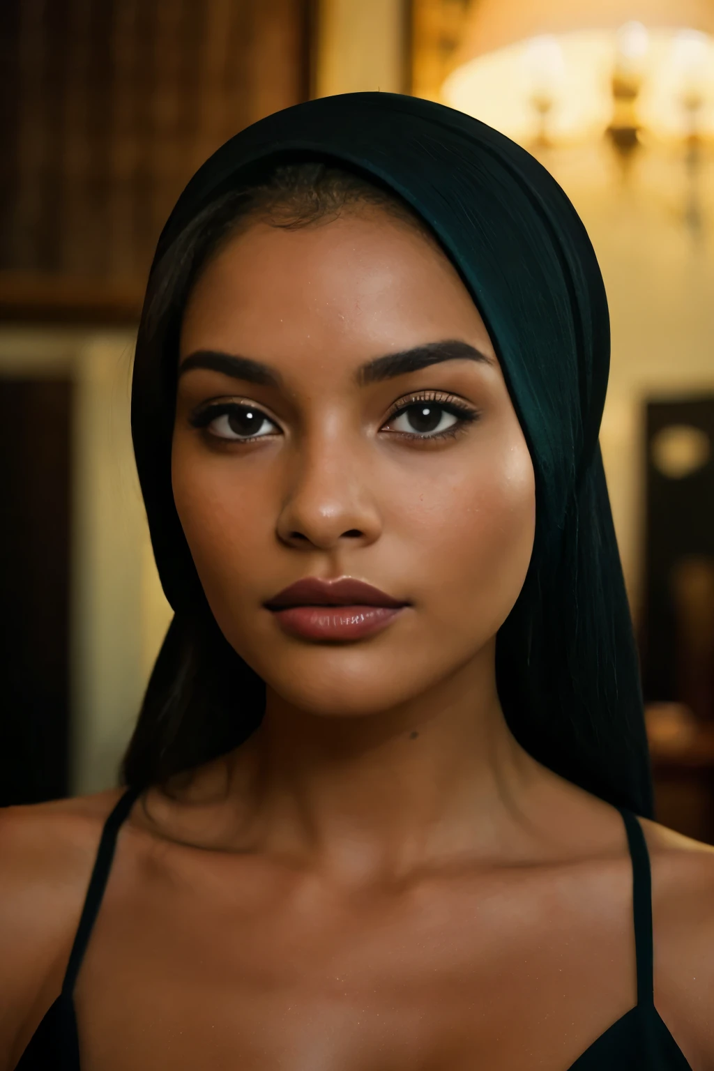 (close-up, editorial photograph of a teenage hijabi), violet myers, sexy girl with dark complexion, portrait sophie mudd, seductive lady, olive skinned, she has olive brown skin,, (highly detailed face:1.4) (smile:0.7) (background inside dark, moody, private study:1.3) POV, by lee jeffries, nikon d850, film stock photograph ,4 kodak portra 400 ,camera f1.6 lens ,rich colors ,hyper realistic ,lifelike texture, dramatic lighting , cinestill 800,