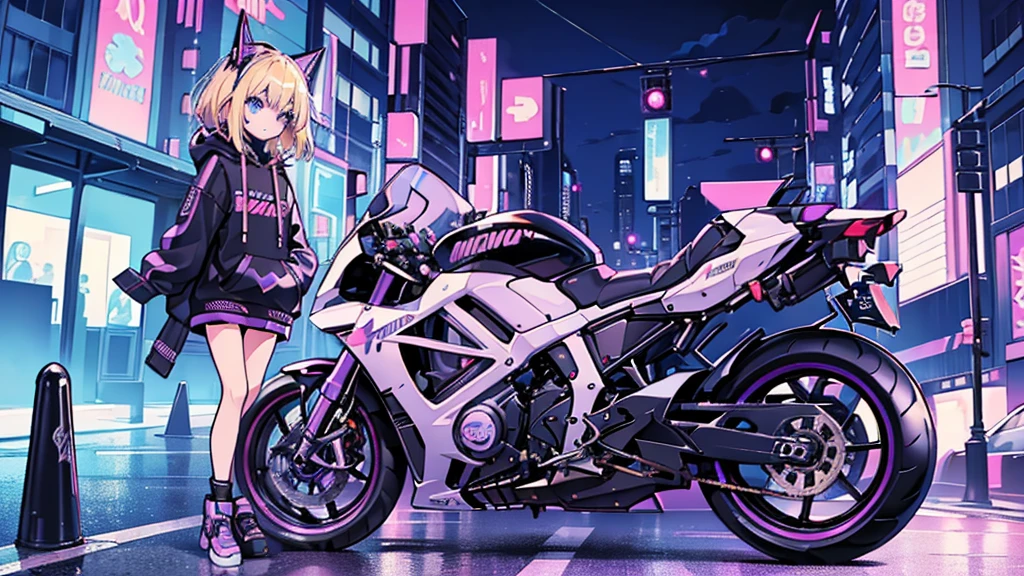 (1 girl, blonde hair, blue eyes, black hoodie, kawaii), (racer bike, street racer), (purple cyberpunk, night city, purple neon)