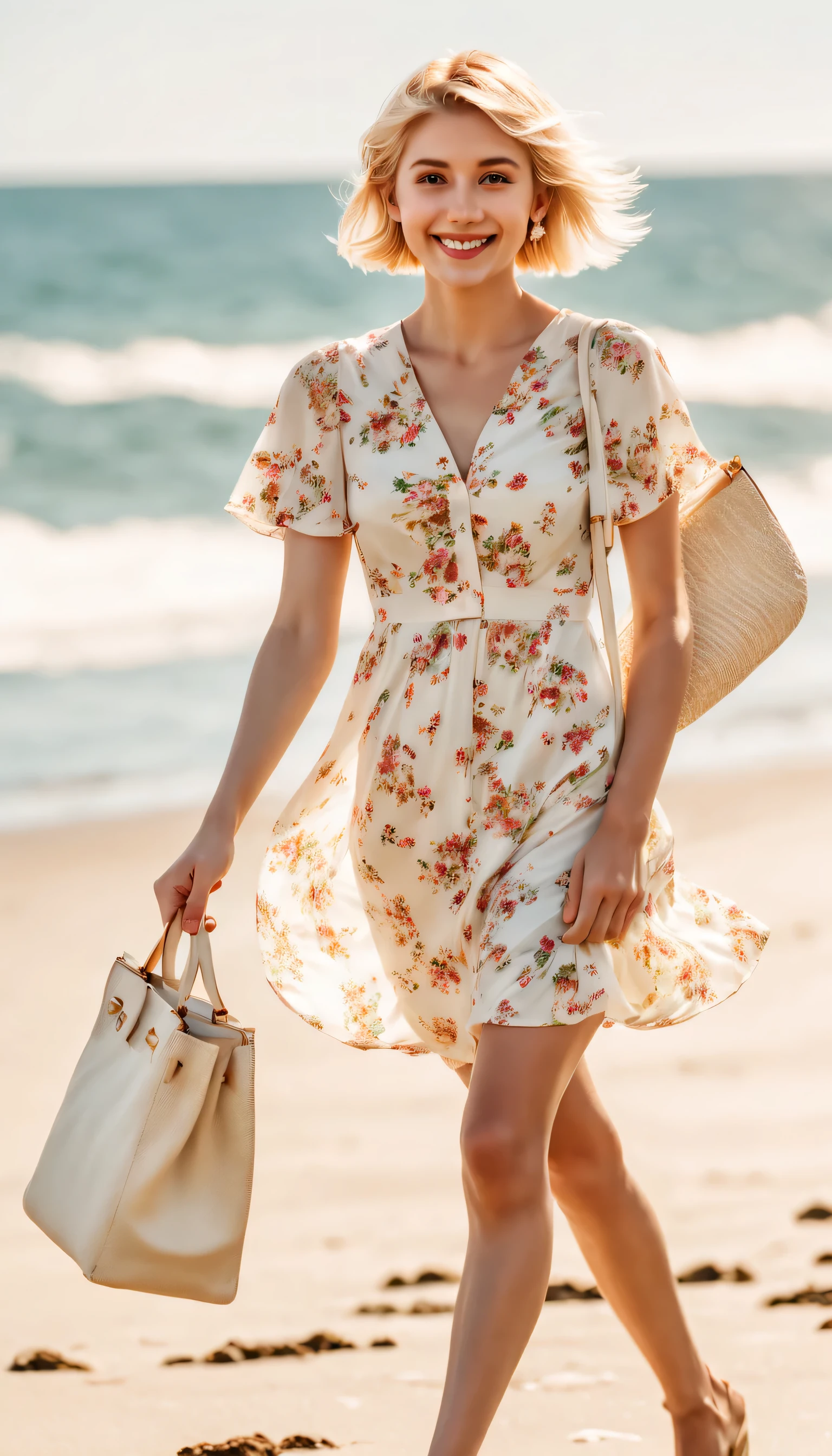 F/4.0, Sony FE General Manager, ultra high definition, high resolution, high detail, high quality, A young blonde short haired girl is walk on the beach, (22 years old) smiling, (she is wearing a white Floral dress), (She is holding a small handbag: 1.5) and (her other hand is holding a Starbucks coFFee: 1.33), (Photo shows the girl's side), (her shoulder Facing the camera lens), (walk), (walk on the side: 1.37) Hair to calves, bright sunshine
