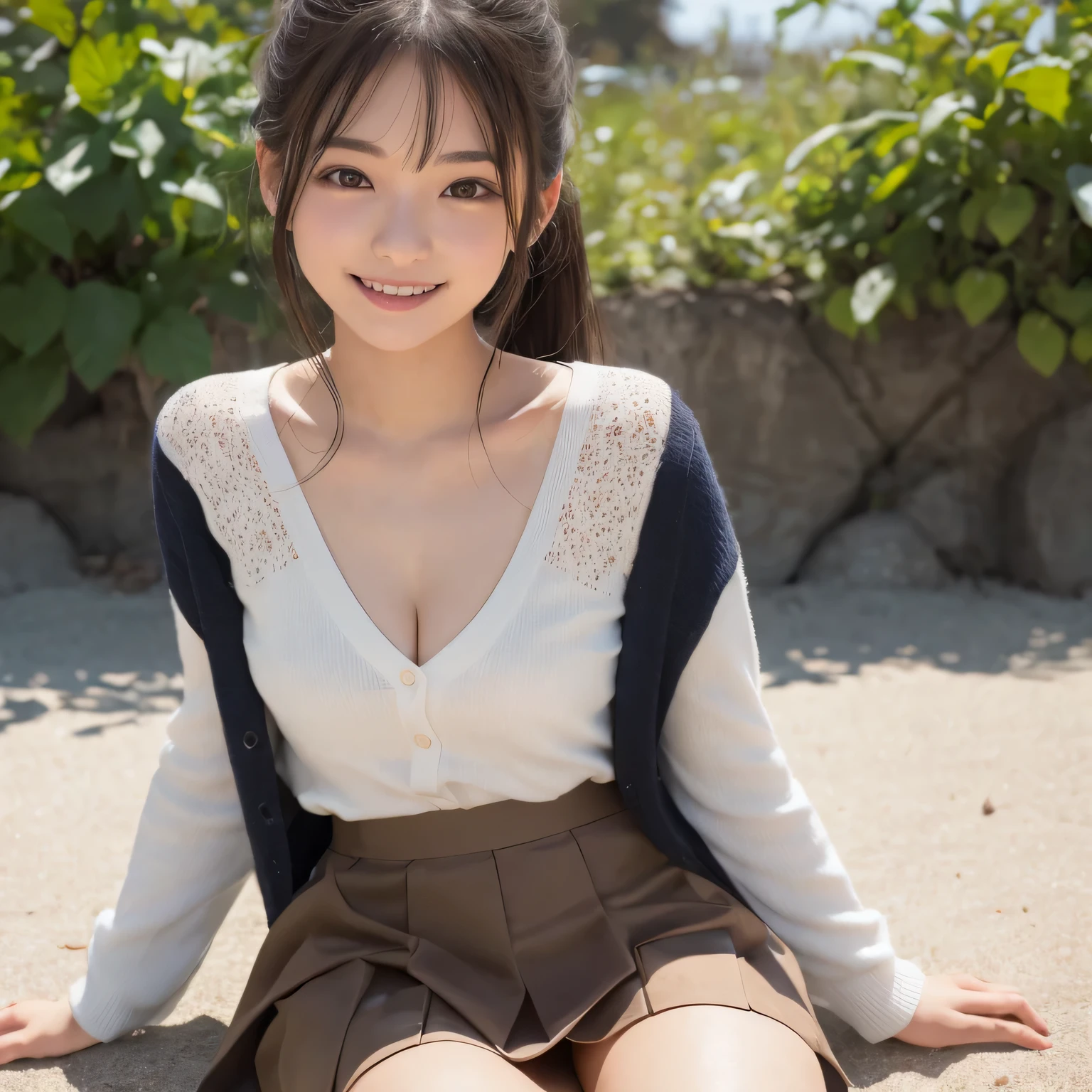 Smile、night、original photography、(((ultimate beauty portrait)))、((sparkling skin))、1 girl、Beautiful girl from Prague、bright expression、((brown hair))、(cleavage)、(frilly skirt:1.5)、((Big eyes sparkling like gems))、cardigan、open your clothes、pantyhose、Glowing and radiant skin、(medium hair)、(silk ponytail)、(standing)、(from below)、under skirt、(from below看内衣的特写)、Eyeliner、beautiful bangs、hair between eyes、((Masterpiece、top quality、Super detailed、movie light、intricate details、high resolution、Very detailed))、background for this、8 kood、digital SLR、soft light、high quality、film grain、富士XT3 、shallow view deep、natural soft light、Kamimei、Look at the thighs, side, standing at the beach