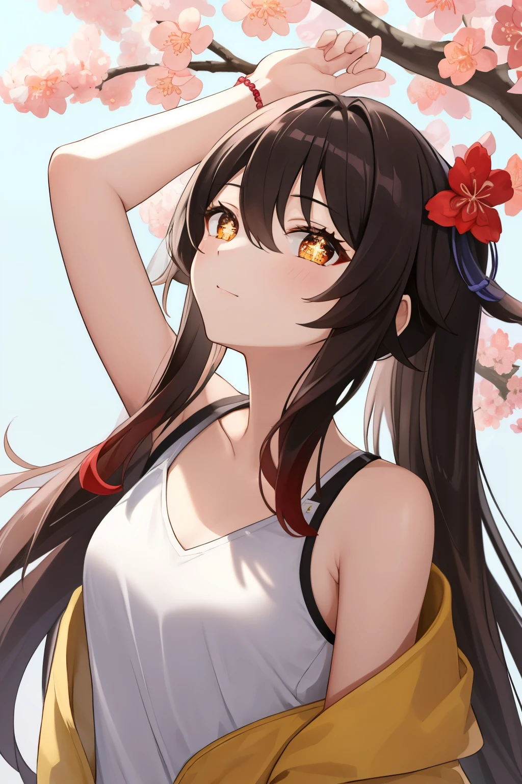 HuTaoV4,1girl,solo,long hair, off shoulder, collar bone, look at viewer, perfect fingers, armpit peek, Beautiful flowers bloom, (sparkles), (There is a blooming sakura)，standing under a tree, (head looking up), Look at the tree, Natural soft light, macaron, Still ethereal, Crisp and smooth lines, radiant morning light, soft luminescent glow, hoodie, jacket